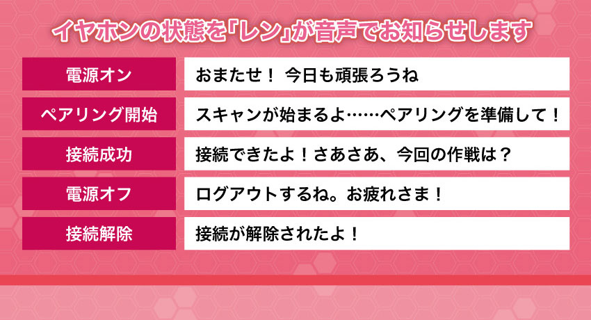 イヤホンの状態を「レン」が音声でお知らせします