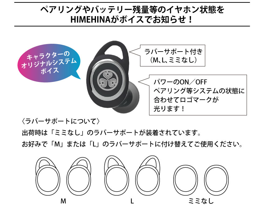 ペアリングやバッテリー残量等のイヤホンの状態をHIMEHINAがボイスでお知らせ