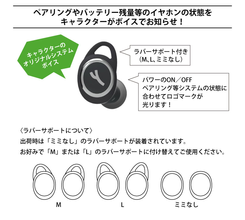 ペアリングやバッテリー残量等のイヤホン状態をキャラクターがボイスでお知らせ
