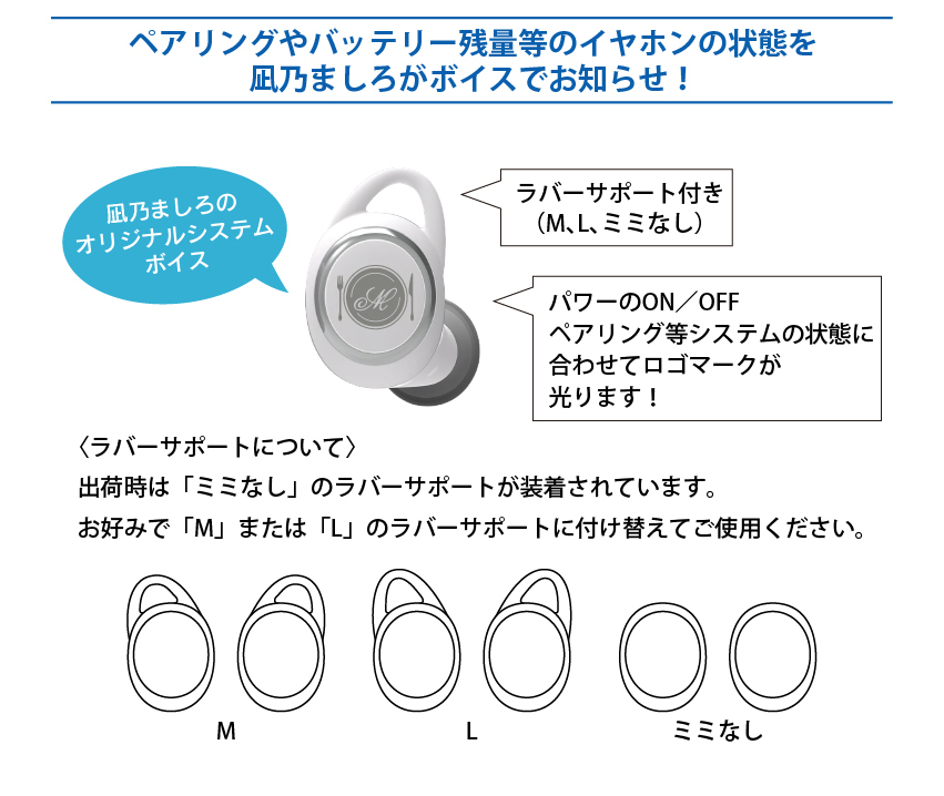 ペアリングやバッテリー残量等のイヤホンの状態を凪乃ましろがボイスでお知らせ　ラバーサポートについて 出荷時は「S」のラバーサポートが装着されています。お好みで「M」「L」のラバーサポートに付け替えてご使用ください。