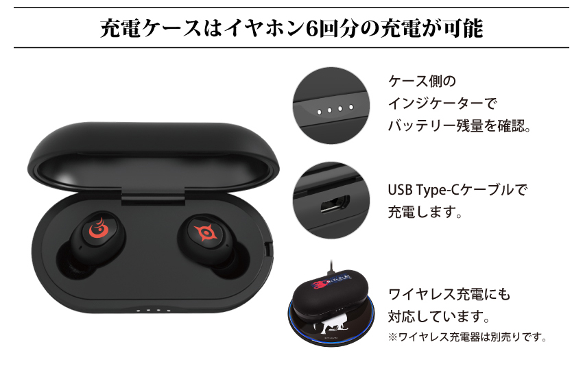充電ケースはイヤホン6回分の充電が可能