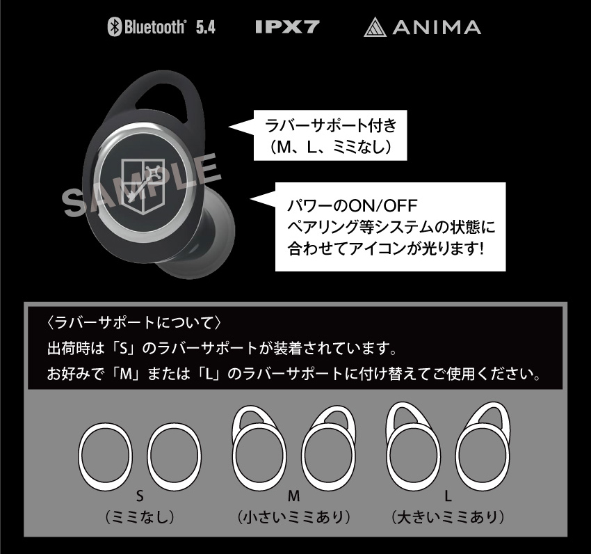 ラバーサポート付き（M、L、ミミなし）パワーのON/OFF ペアリング等システムの状態に合わせてアイコンが光ります