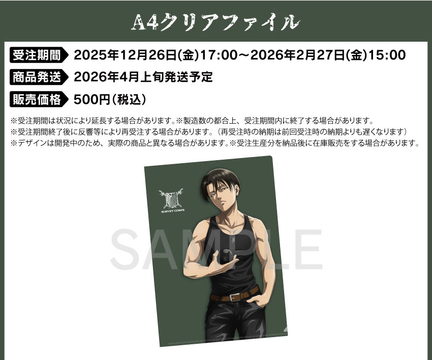 A4クリアファイル 価格：500円（税・送料別）