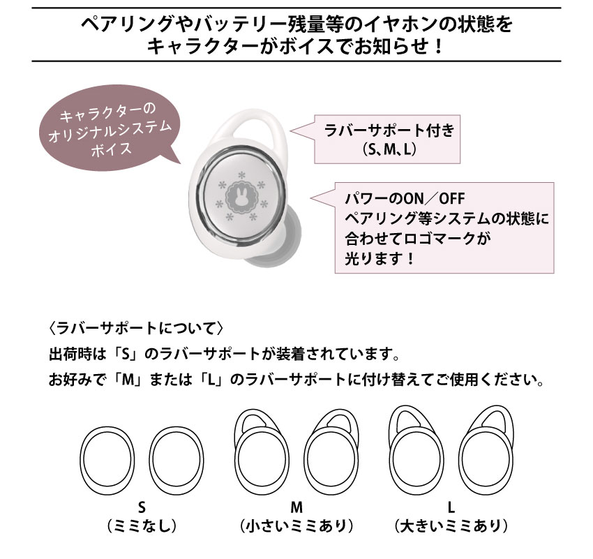 ペアリングやバッテリー残量等のイヤホンの状態をキャラクターがボイスでお知らせ　ラバーサポート付き（M、L、ミミなし）パワーのON/OFF ペアリング等システムの状態に合わせてアイコンが光ります